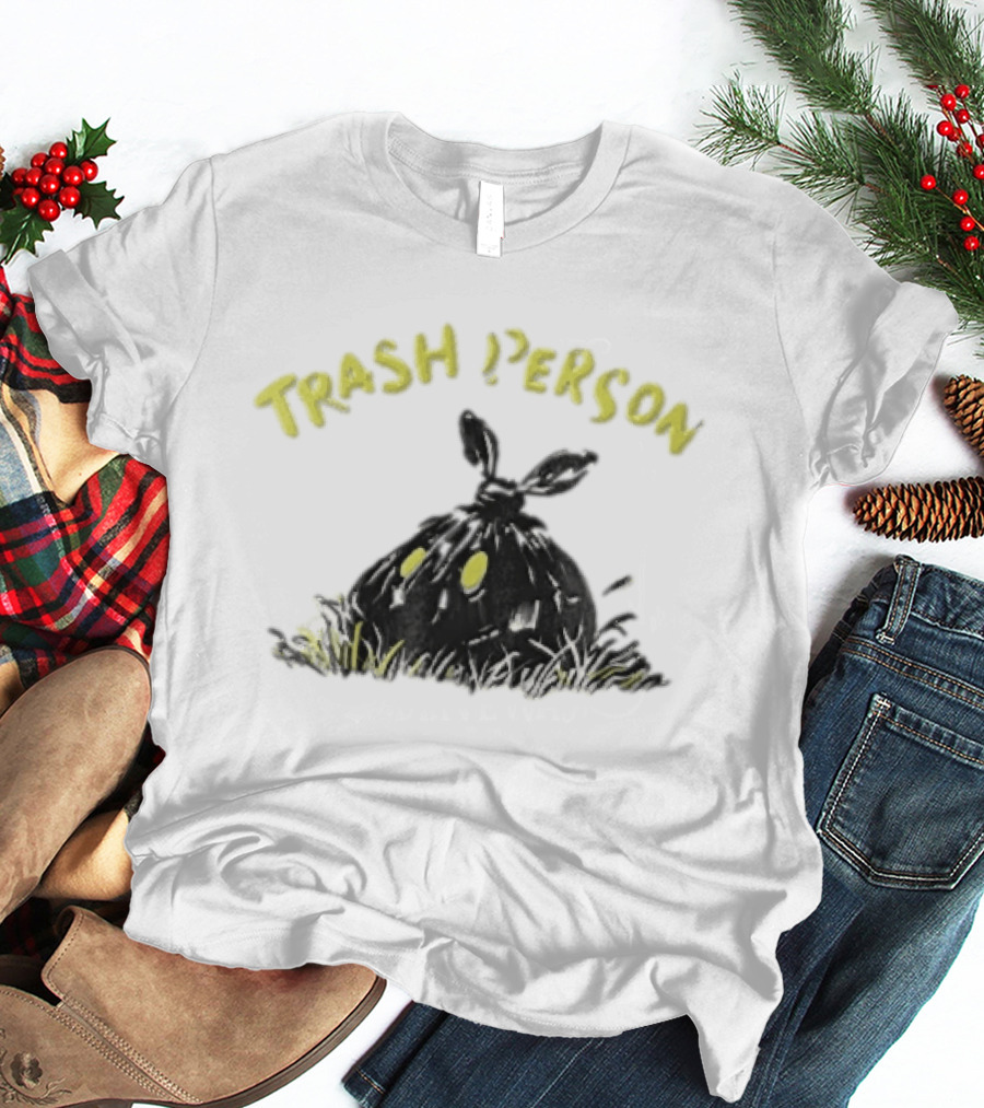 Trash Person Black Bag Creature Glowing Yellow Eyes Grass Monster T-Shirt