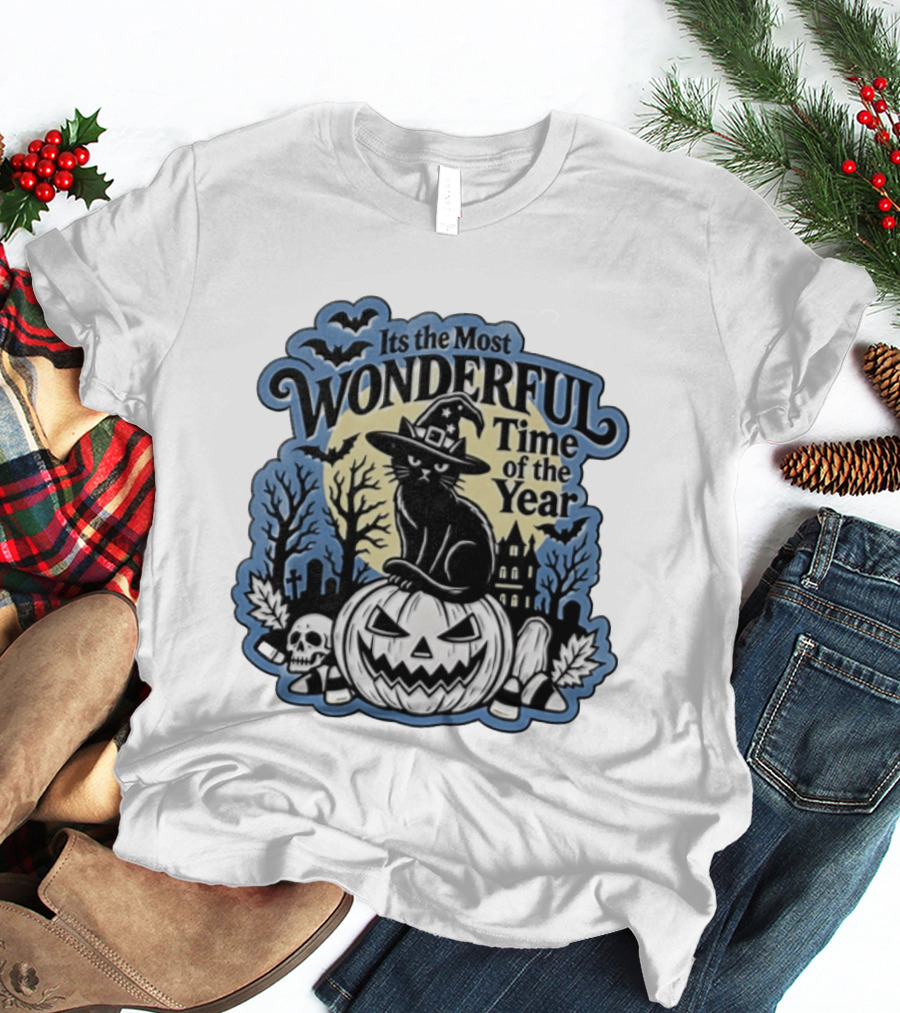 It's The Most Wonderful Time Of The Year Witch Cat Pumpkin Halloween T-Shirt