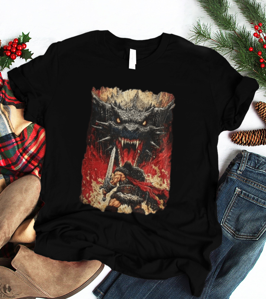 Barbarian Warrior Sword Battle Roaring Dragon Fiery Flames Art Ink Line T-Shirt
