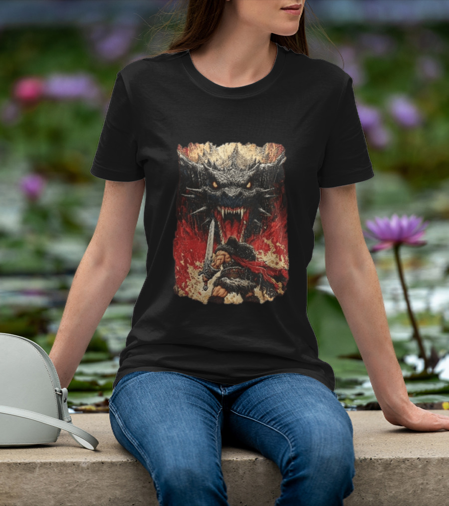 Barbarian Warrior Sword Battle Roaring Dragon Fiery Flames Art Ink Line T-Shirt