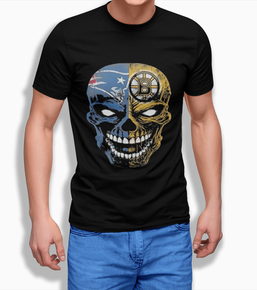 Boston Sports Skull New England Patriots Boston Bruins Fan Fusion T-Shirt