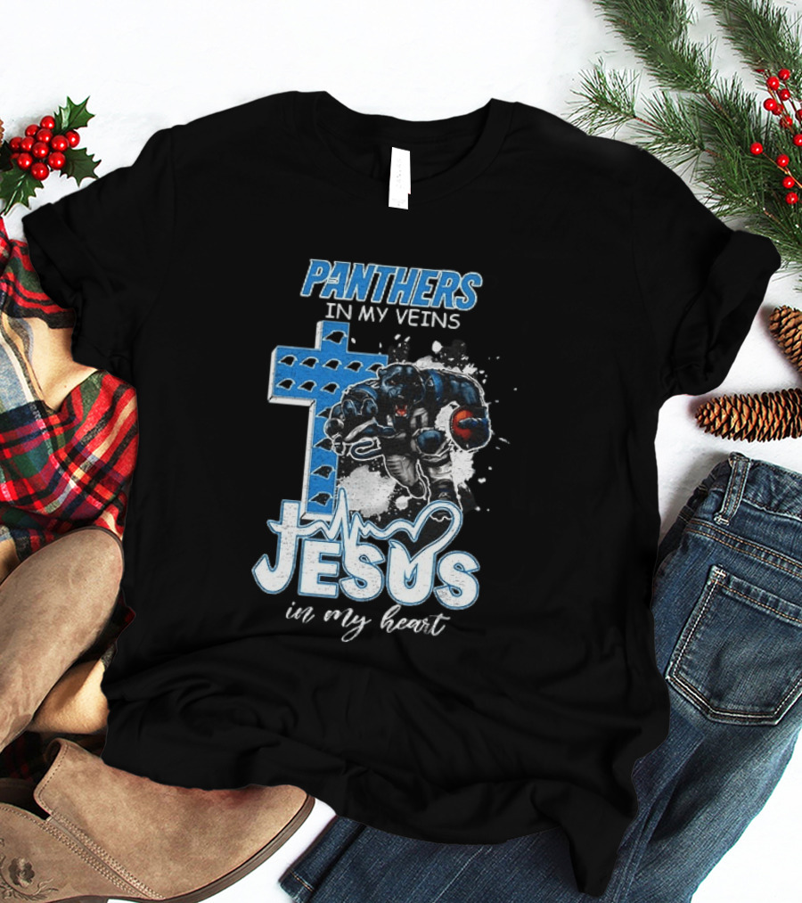 Panthers In My Veins Jesus In My Heart Carolina Football Athlete Cross T-Shirt