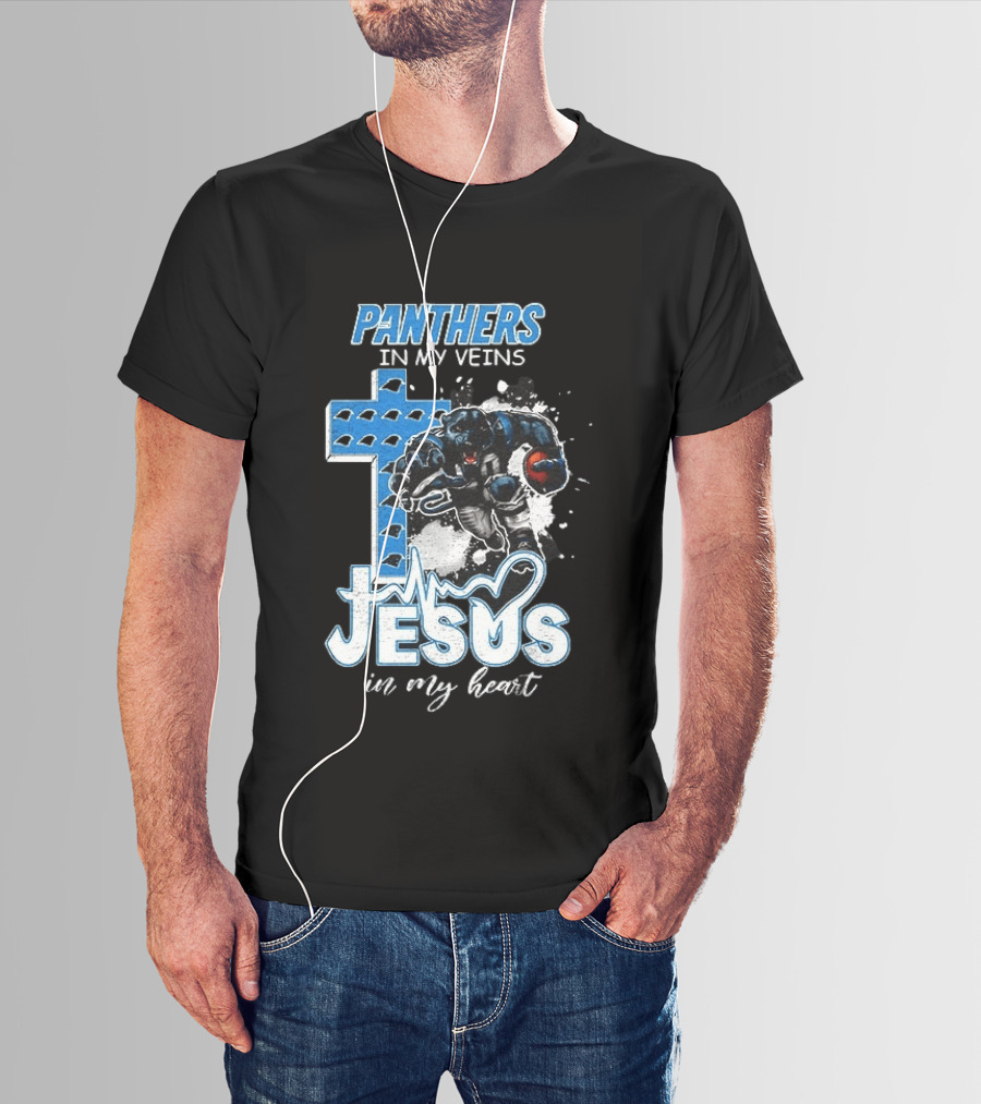 Panthers In My Veins Jesus In My Heart Carolina Football Athlete Cross T-Shirt