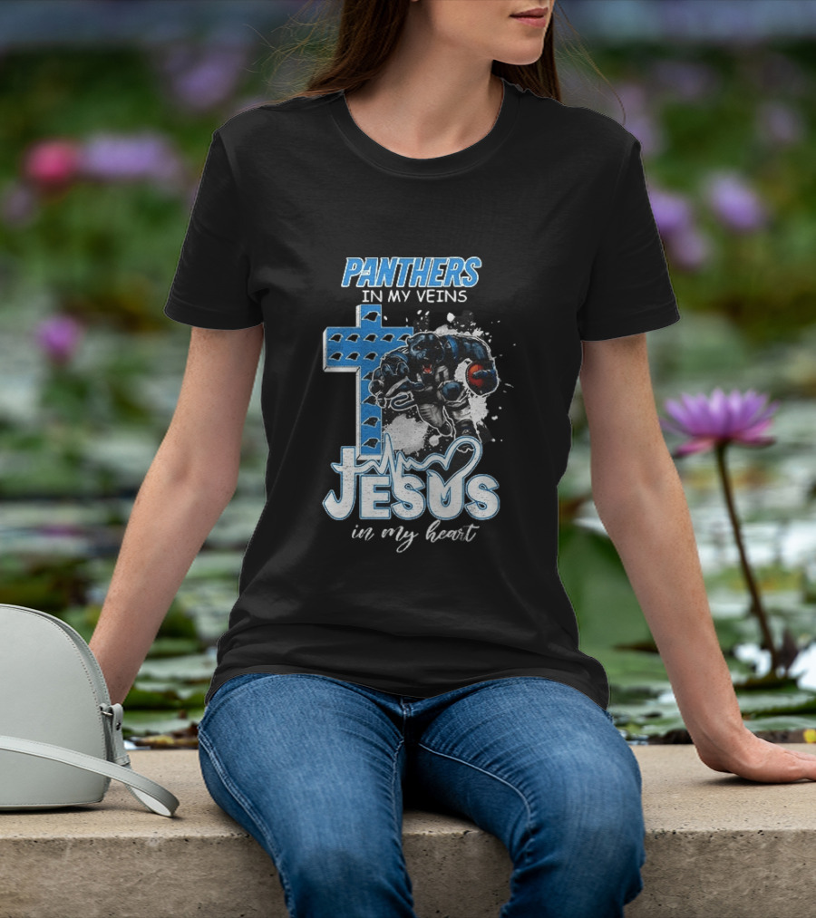 Panthers In My Veins Jesus In My Heart Carolina Football Athlete Cross T-Shirt