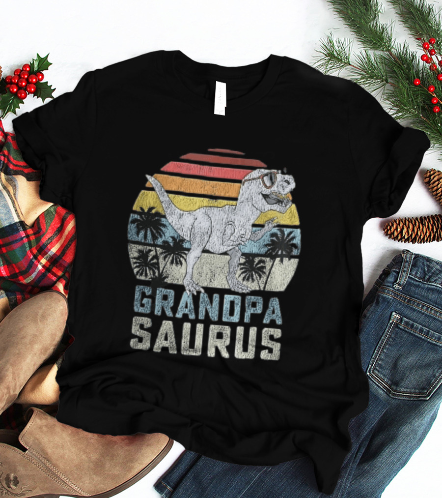 Grandpa Saurus Dinosaur Sunglasses Sunset Palms T-Shirt