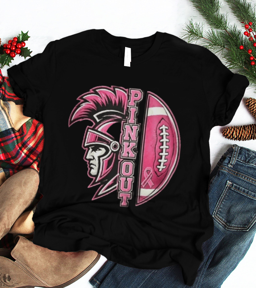Maroa Forsyth Trojans Pink Out Football Helmet Breast Cancer Awareness Ribbon T-Shirt