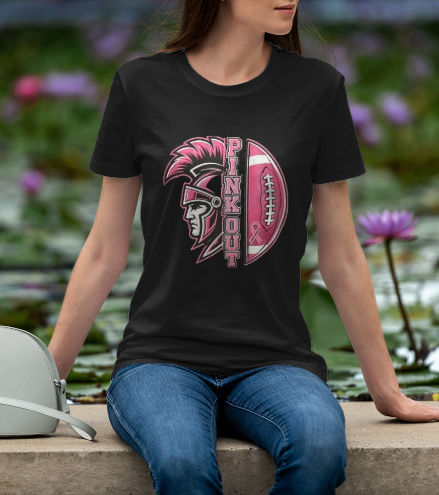 Maroa Forsyth Trojans Pink Out Football Helmet Breast Cancer Awareness Ribbon T-Shirt