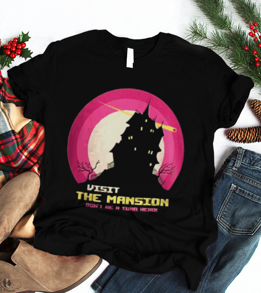 Visit The Mansion Don't Be A Tuna Head Pixel Spooky House Moon Skeleton Trees Yellow Meteor T-Shirt