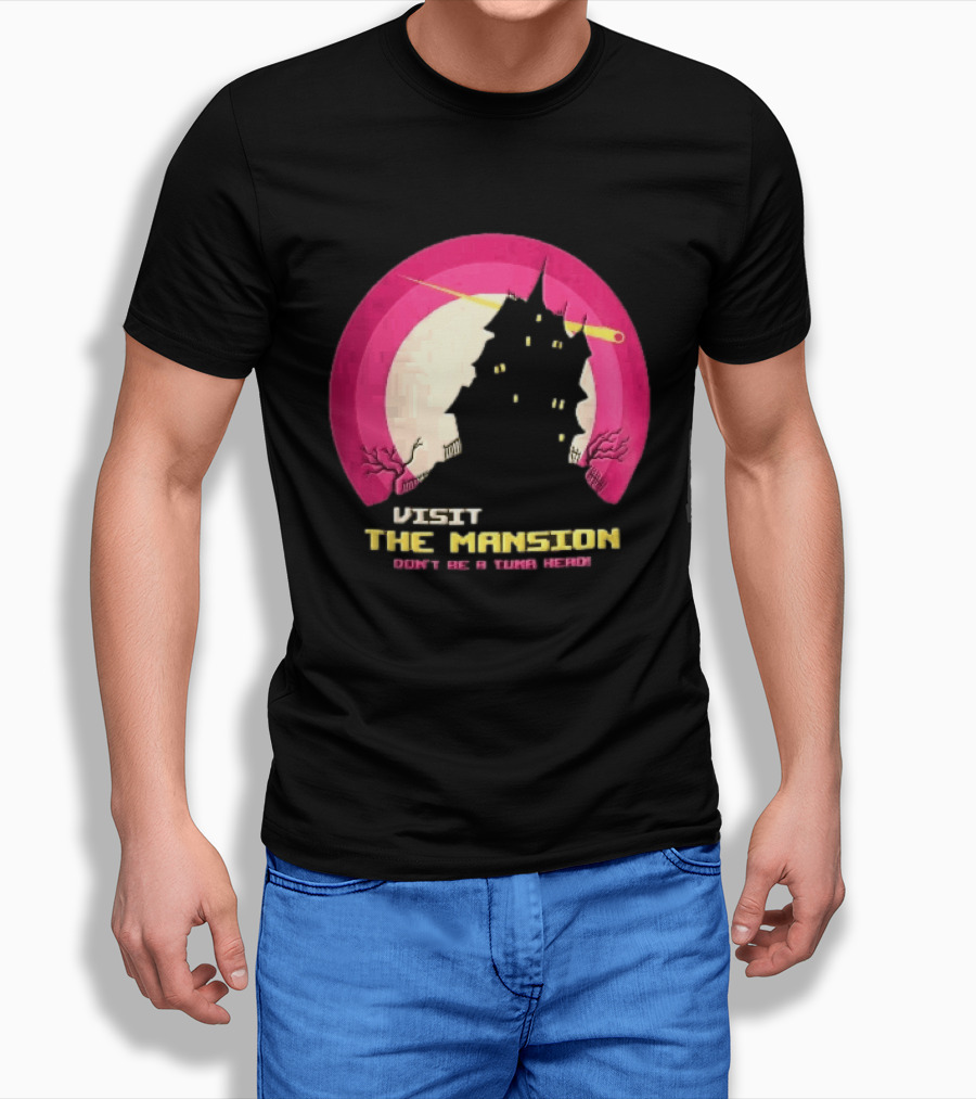 Visit The Mansion Don't Be A Tuna Head Pixel Spooky House Moon Skeleton Trees Yellow Meteor T-Shirt