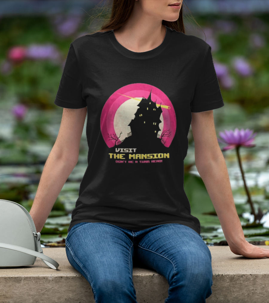 Visit The Mansion Don't Be A Tuna Head Pixel Spooky House Moon Skeleton Trees Yellow Meteor T-Shirt