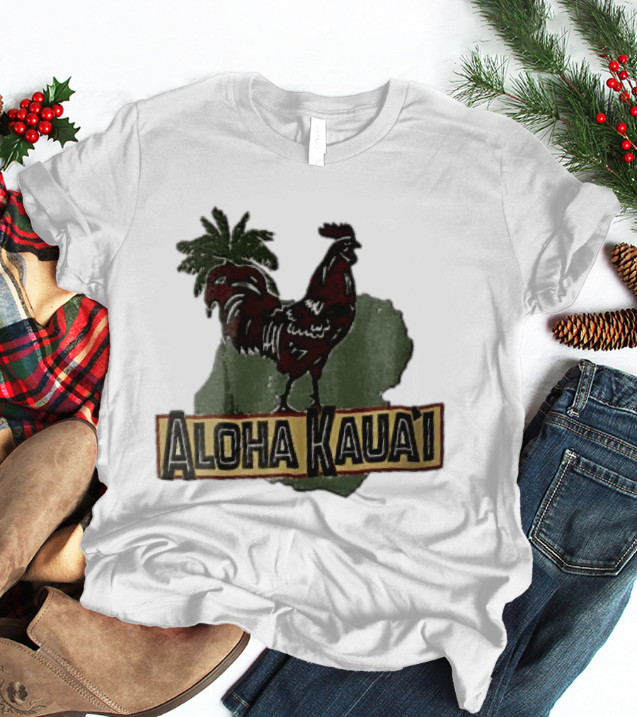 Aloha Kauai Red Rooster Palm Tree Island Map T-Shirt