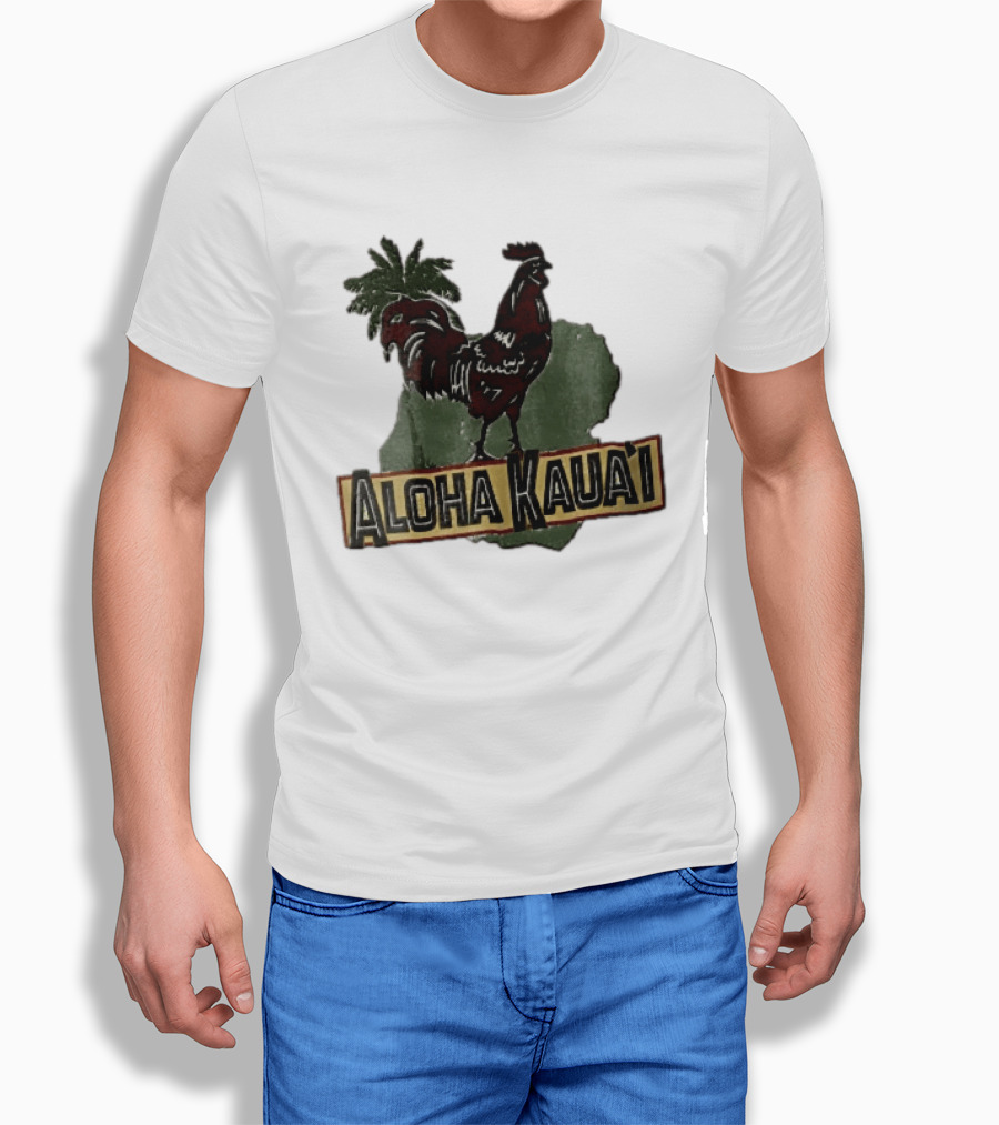 Aloha Kauai Red Rooster Palm Tree Island Map T-Shirt