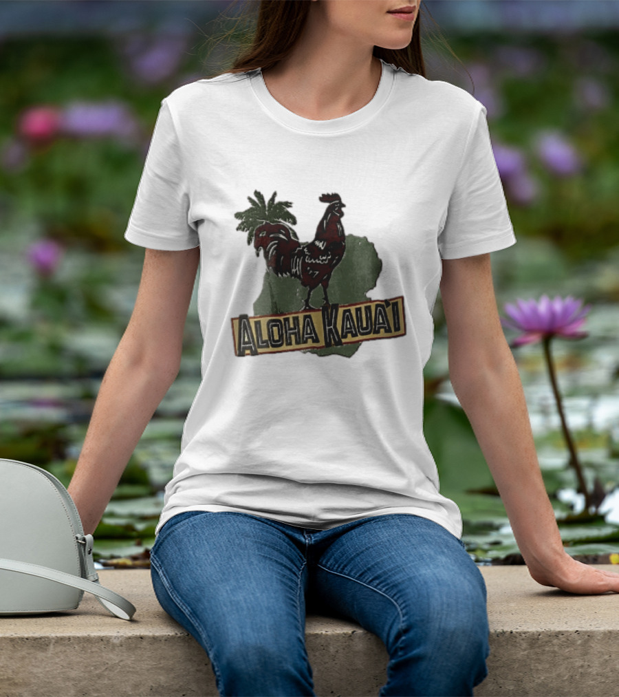 Aloha Kauai Red Rooster Palm Tree Island Map T-Shirt