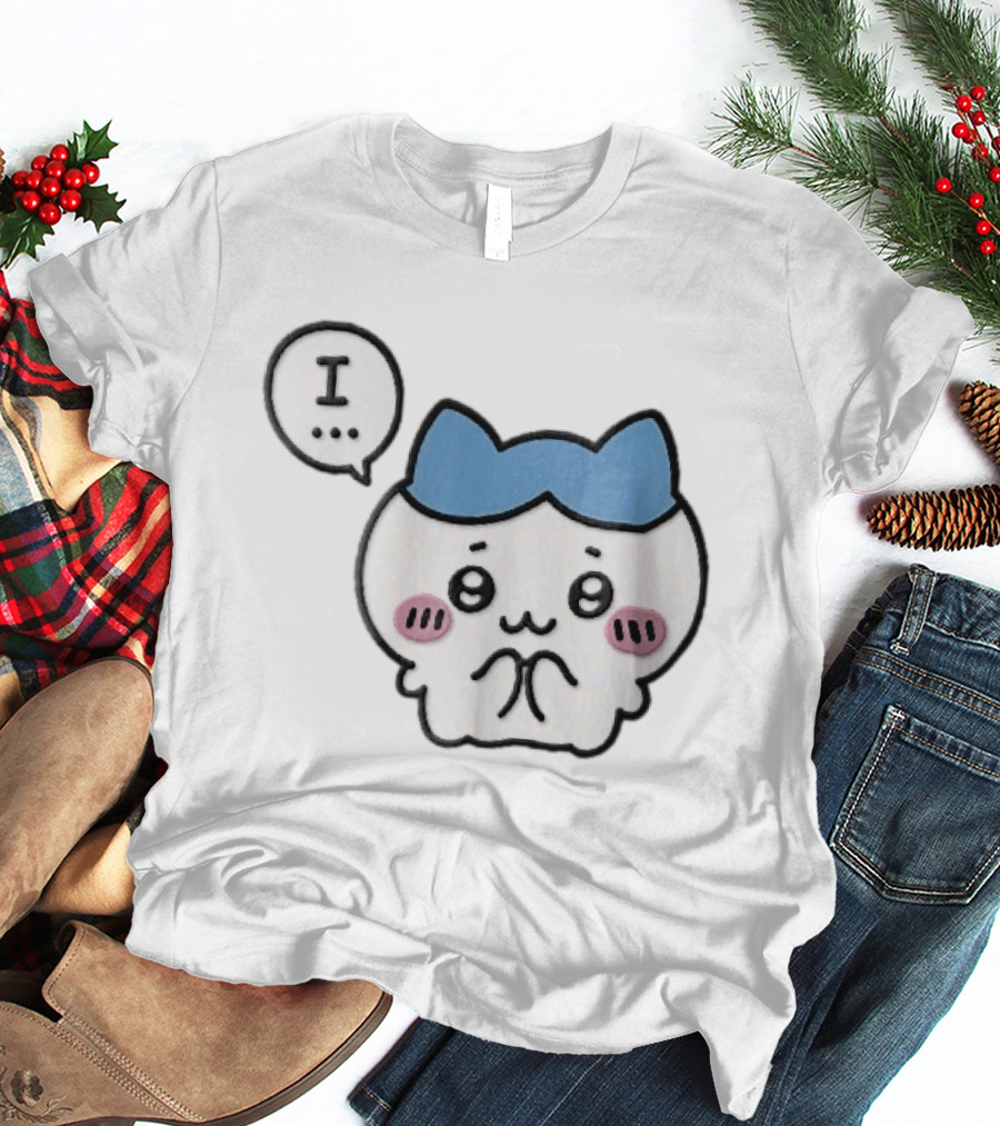 Shy White Cat With Blue Ears Blushing Expression Speech Bubble Text I T-Shirt