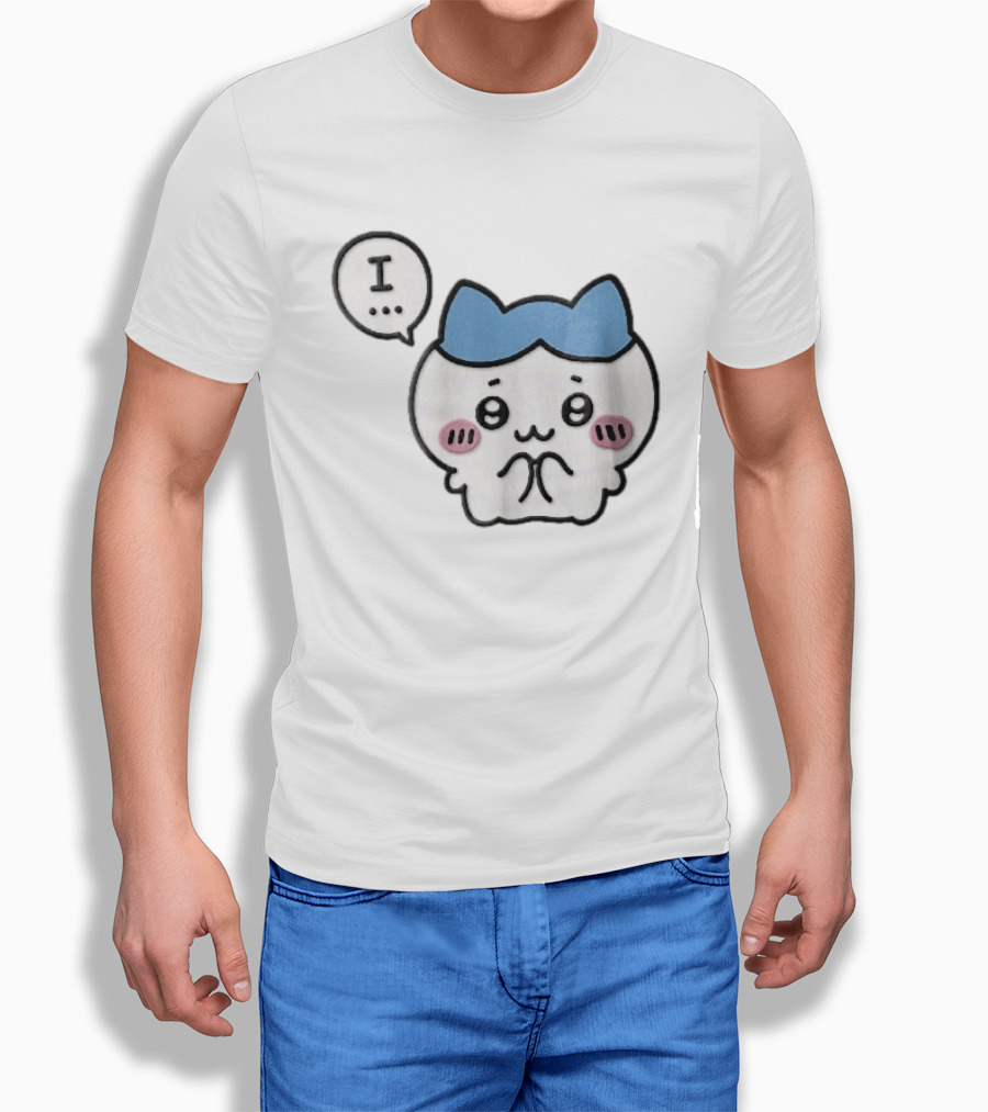 Shy White Cat With Blue Ears Blushing Expression Speech Bubble Text I T-Shirt
