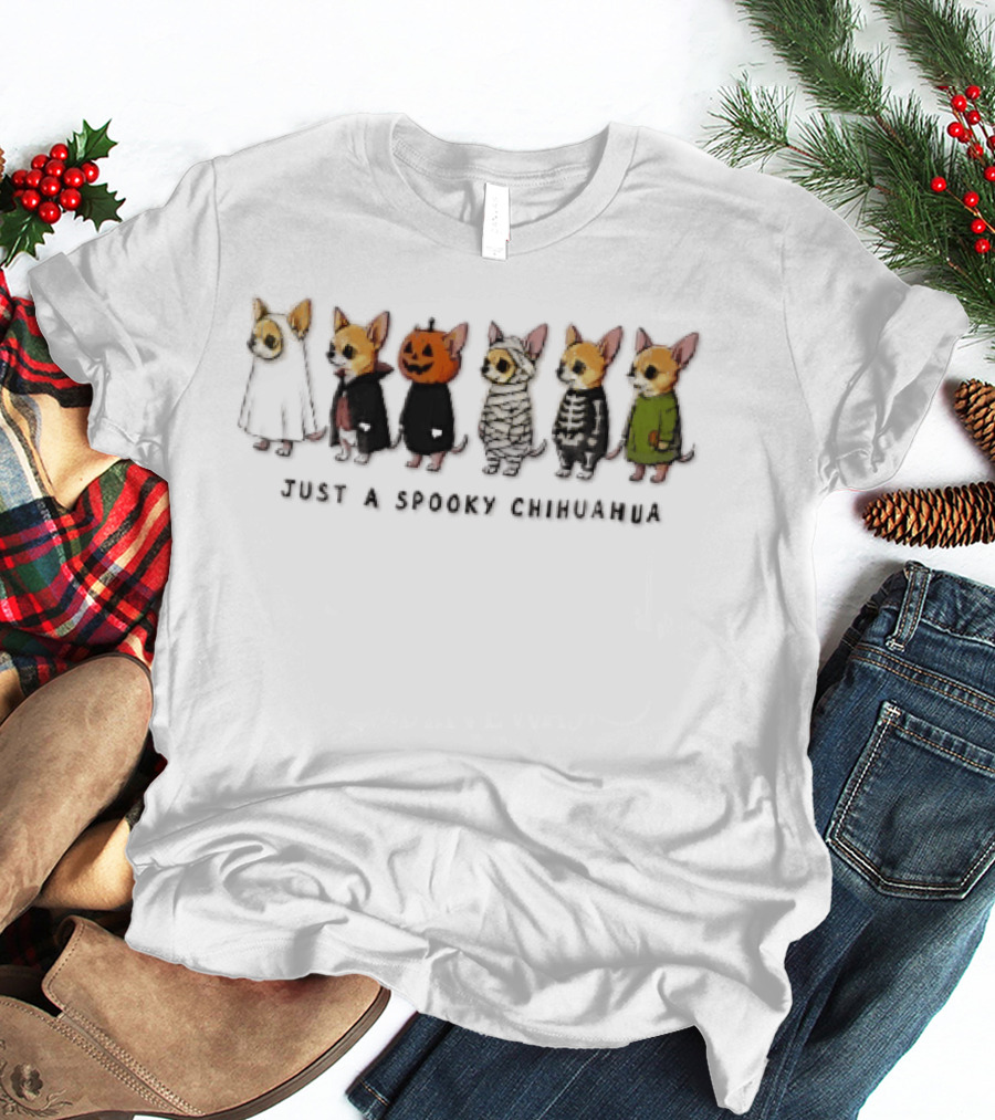 Just A Spooky Chihuahua Cartoon Dogs In Halloween Costumes Ghost Pumpkin Mummy Skeleton Monster T-Shirt