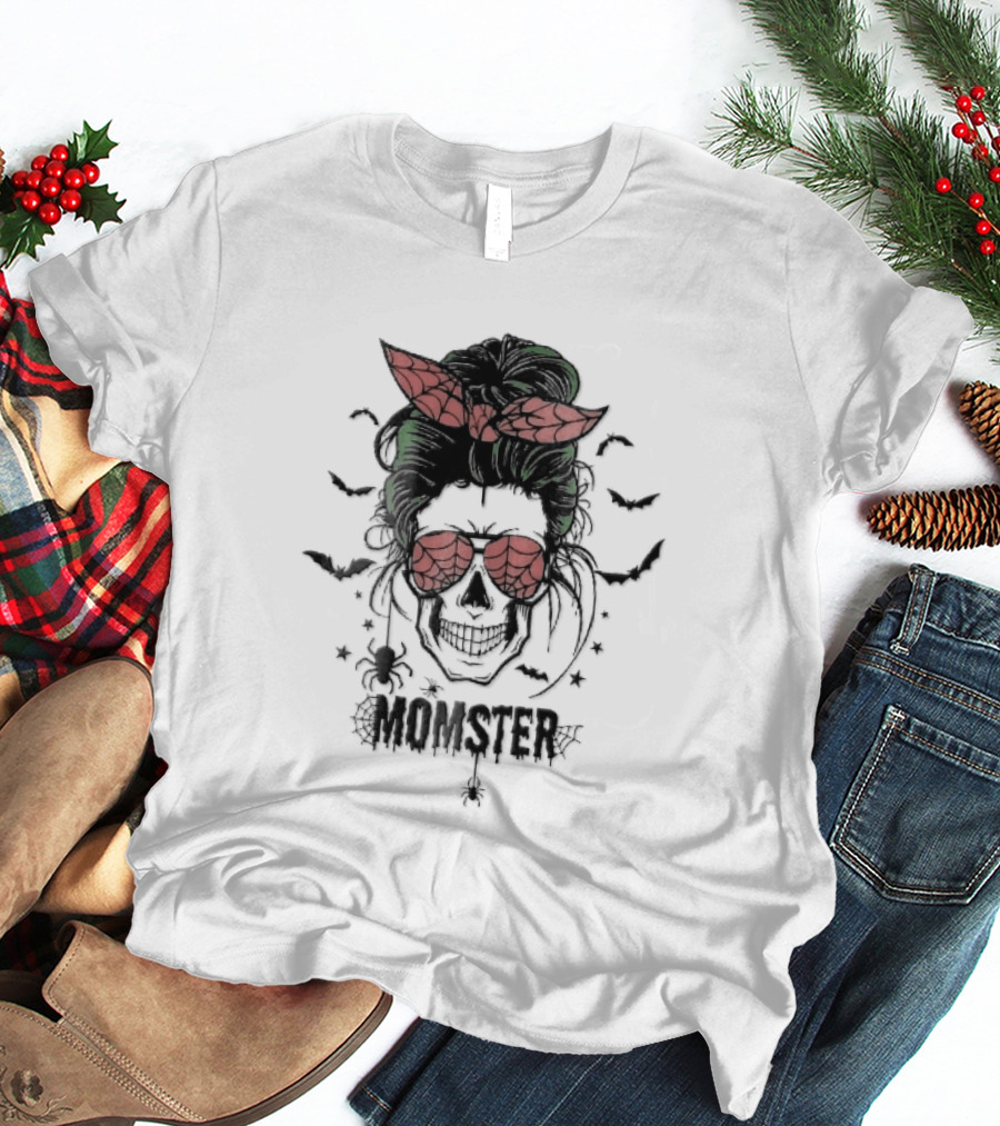 Momster Cartoon Skull Green Messy Bun Spiderweb Glasses T-Shirt