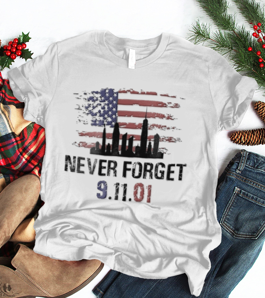 Never Forget 9 11 01 Distressed American Flag NYC Skyline T-Shirt