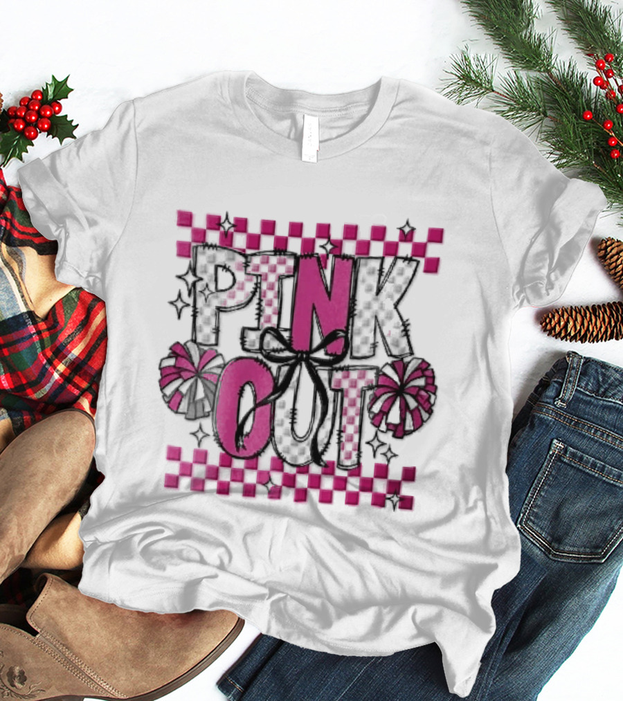Pink Out Checkerboard Cheerleader Pom Poms Black Ribbon Bow Sparkles T-Shirt