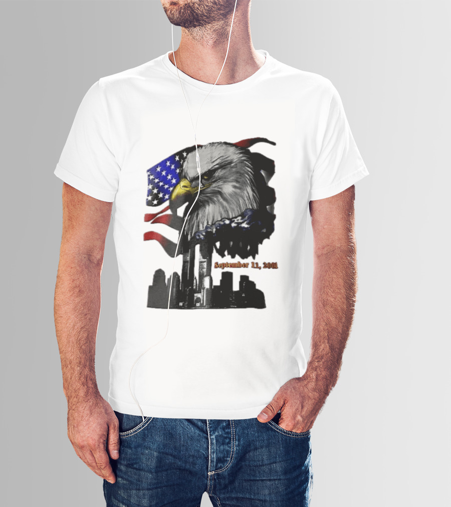 September 11 2001 Twin Towers New York Skyline Crying Bald Eagle American Flag T-Shirt