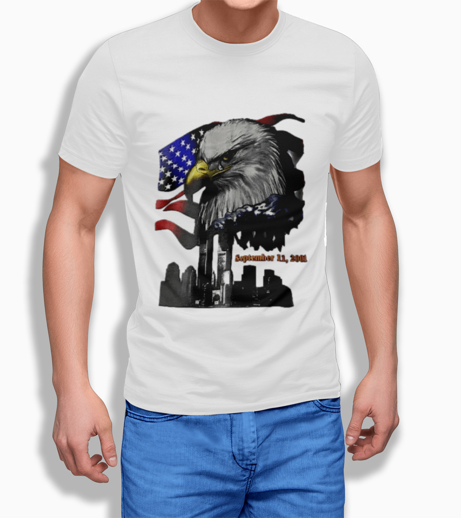 September 11 2001 Twin Towers New York Skyline Crying Bald Eagle American Flag T-Shirt
