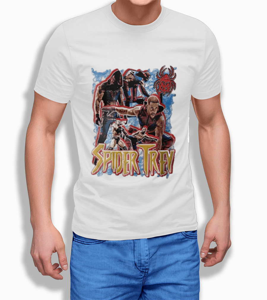Spider Trey Professional Wrestler Action Collage With Blue Smoke And Red Spider T-Shirt