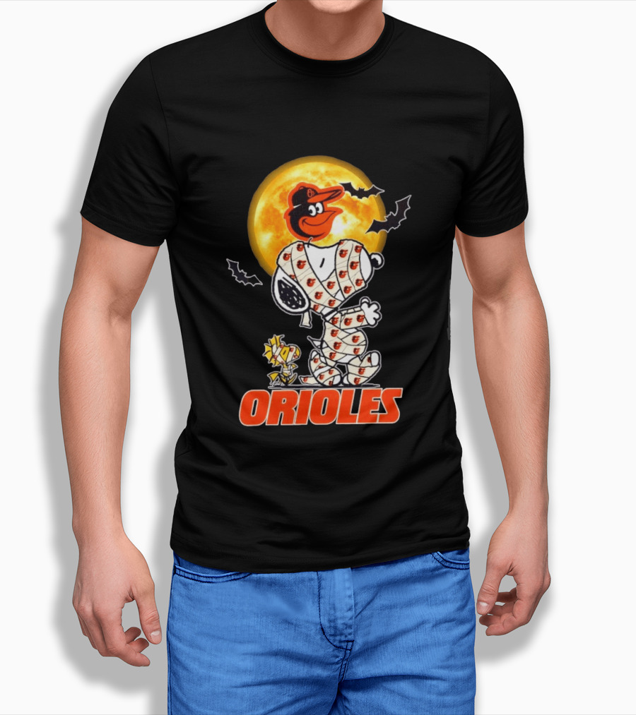 Baltimore Orioles Halloween Snoopy Woodstock Mummy Cosplay Moon Bats T-Shirt