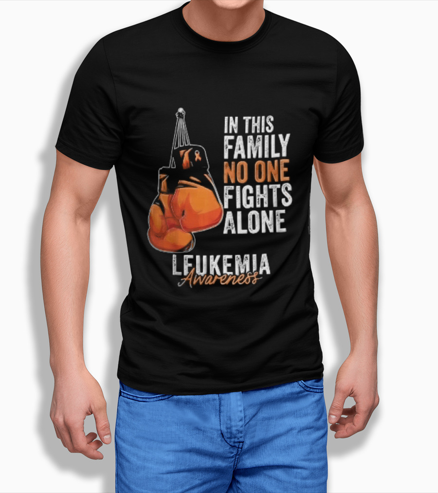 In This Family No One Fights Alone Leukemia Awareness Orange Boxing Gloves T-Shirt