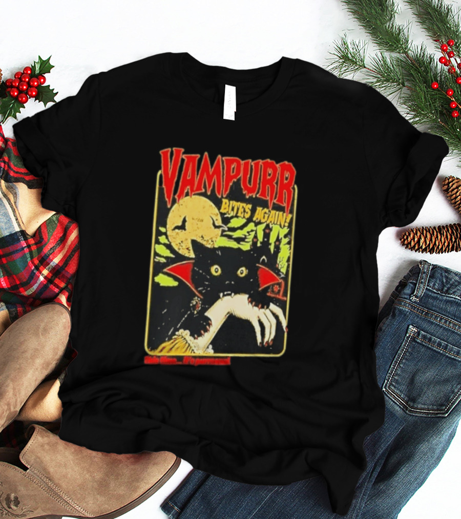 Vampurr Bites Again This Time It's Purrsonal Vintage Horror Cat Moon And Castle T-Shirt