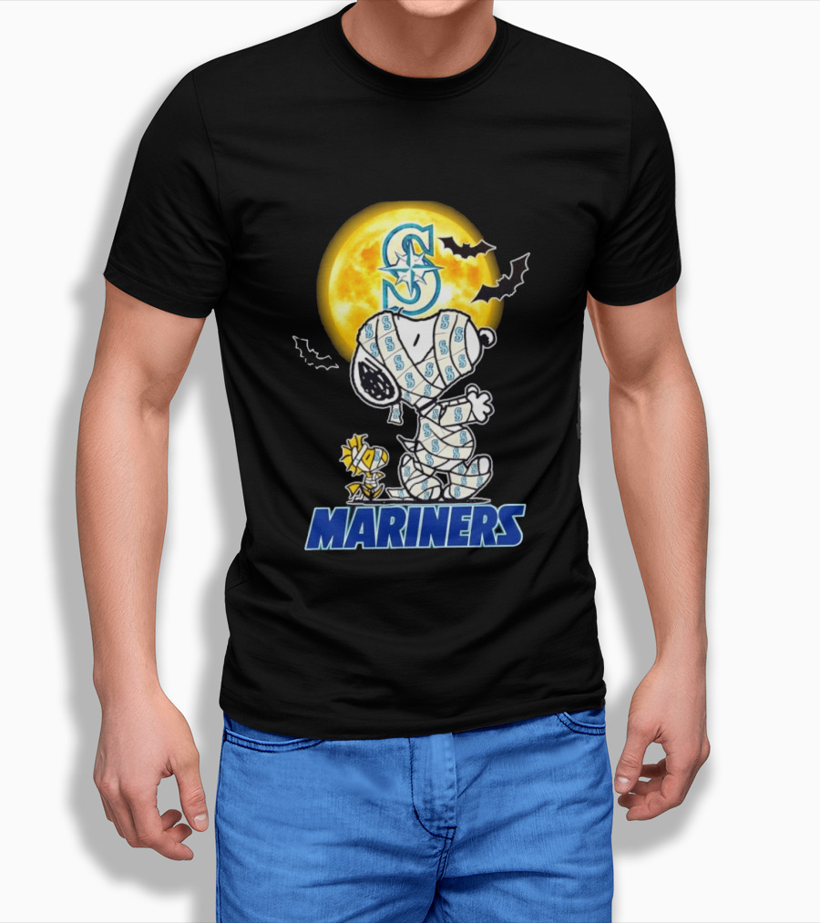 Seattle Mariners Snoopy Woodstock Halloween Mummy Cosplay Full Moon Bats T-Shirt