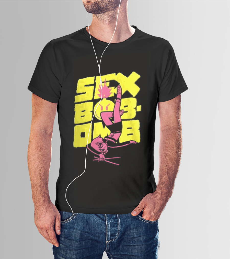 Sex Bob Omb Inverted Pink Cartoon Drummer With Drumsticks Bold Yellow T-Shirt