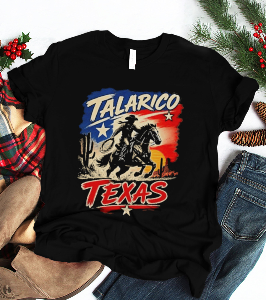Talarico Texas Cowboy Riding Silhouette With Lone Star And Cactus T-Shirt