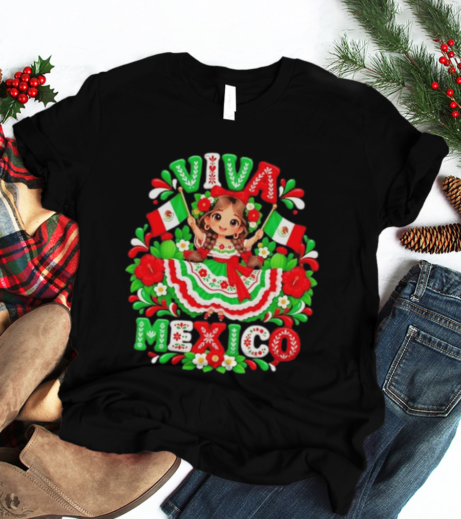 Viva Mexico Girl Festive Mexican Flags Floral Celebration T-Shirt