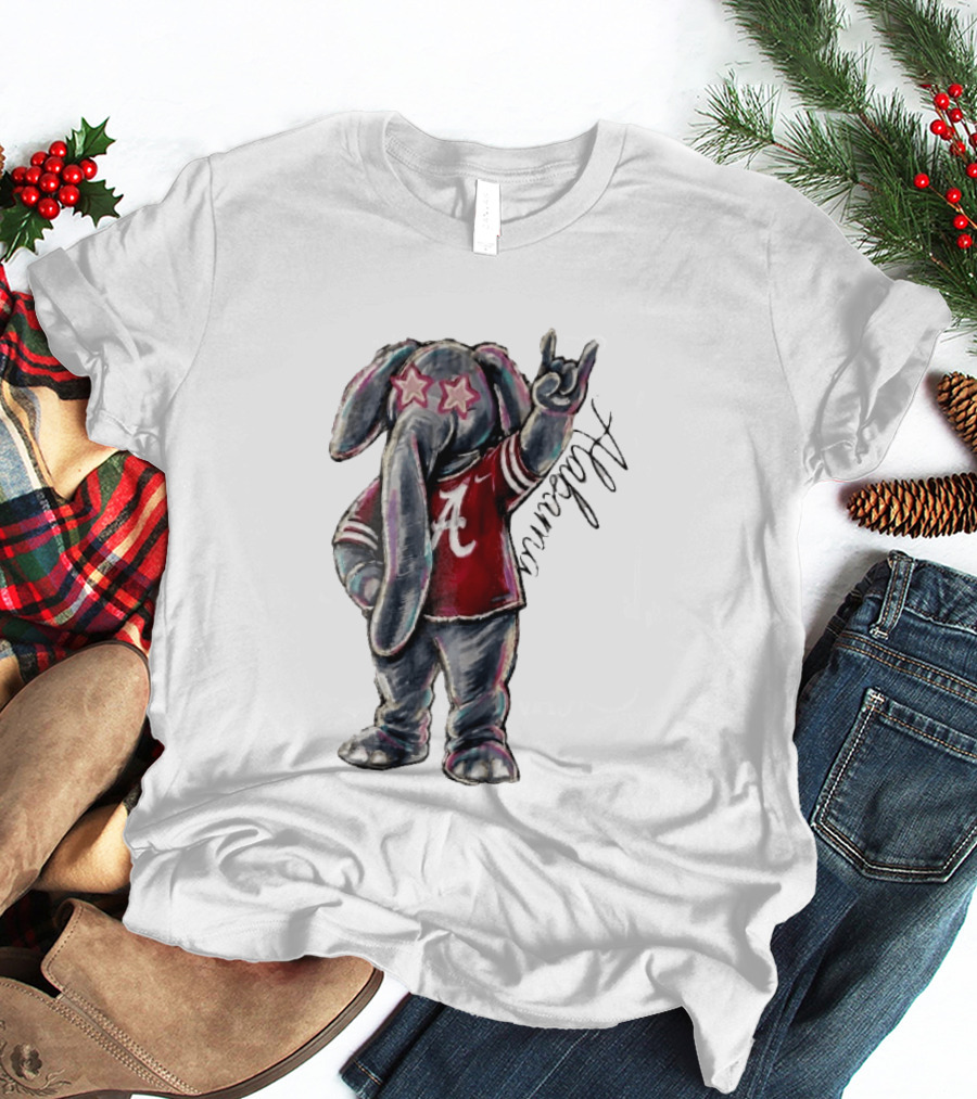 Alabama Crimson Tide Elephant Pink Star Glasses Hand Sign Sketch T-Shirt