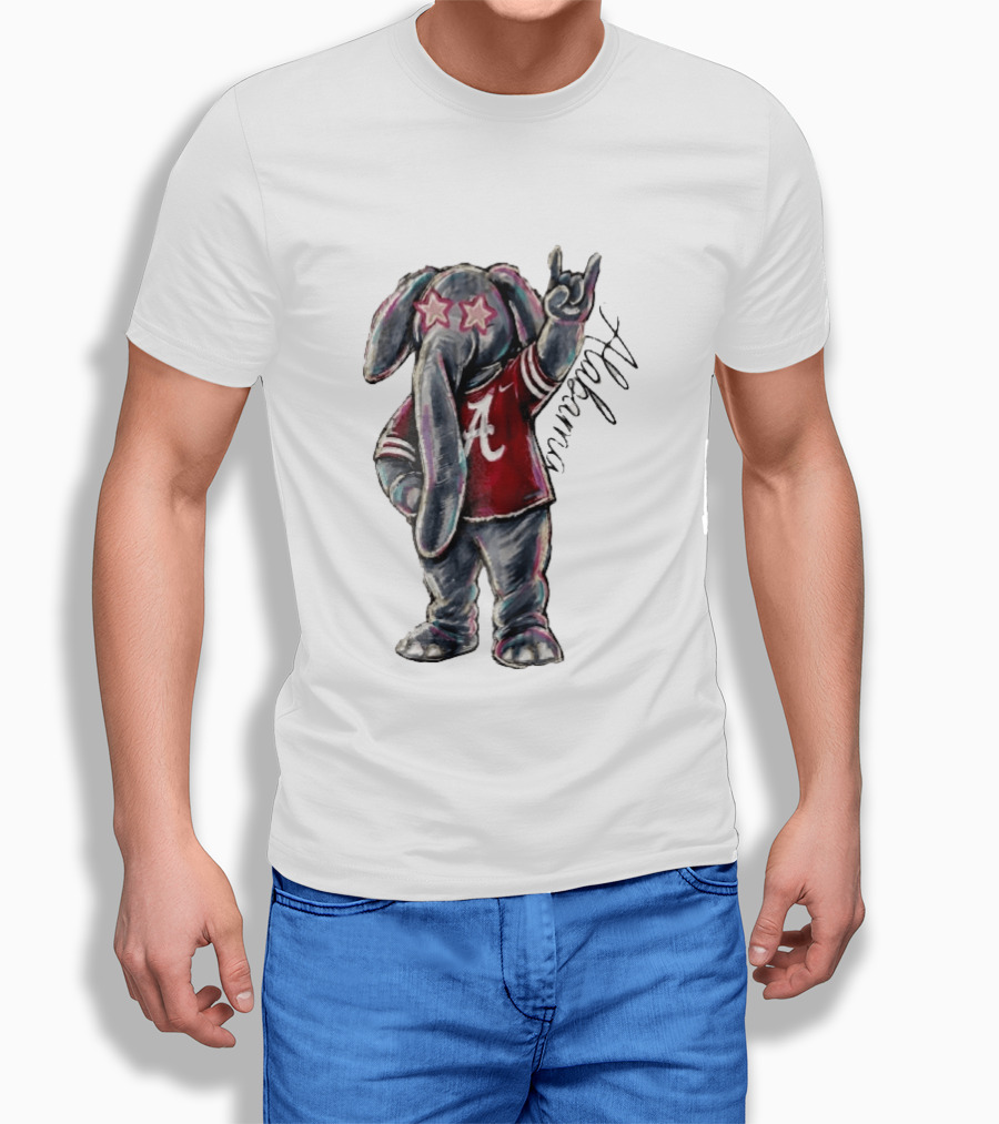 Alabama Crimson Tide Elephant Pink Star Glasses Hand Sign Sketch T-Shirt