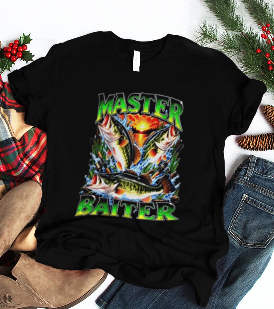 Master Baiter Fishing Large Mouth Bass Sunset Scene T-Shirt