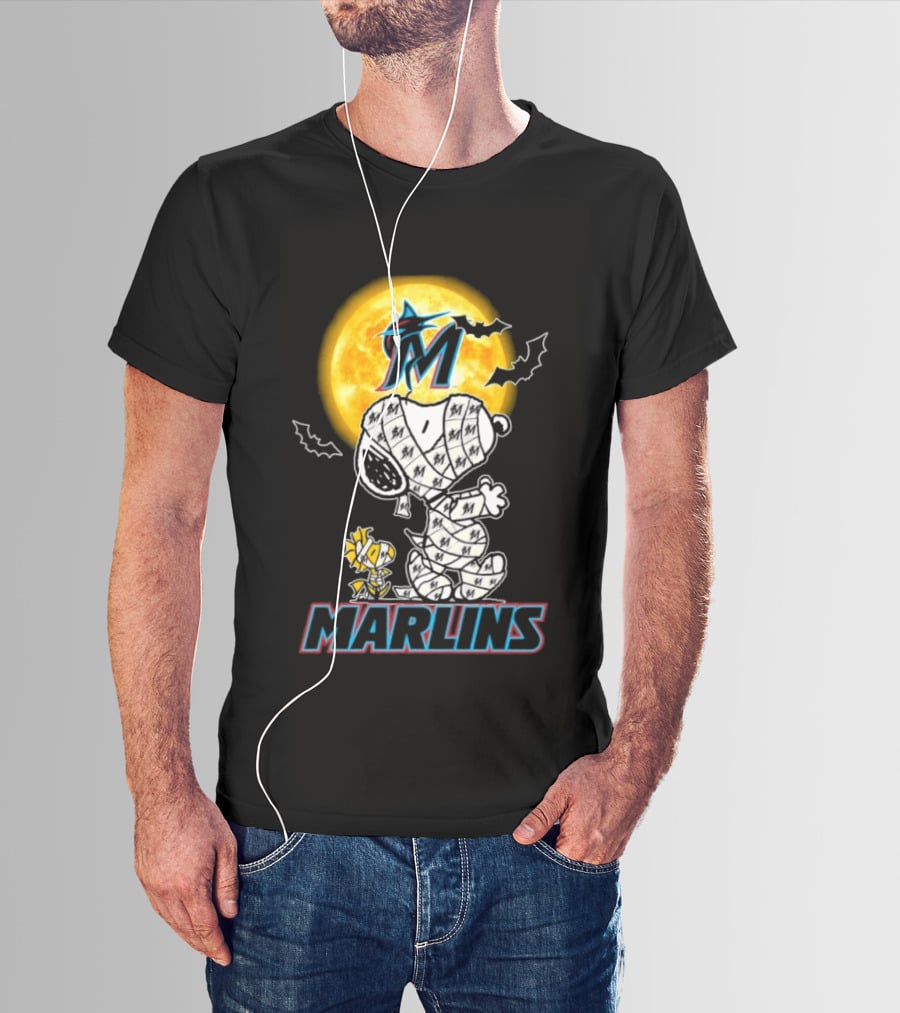 Miami Marlins Snoopy Woodstock Mummy Halloween Moon T-Shirt