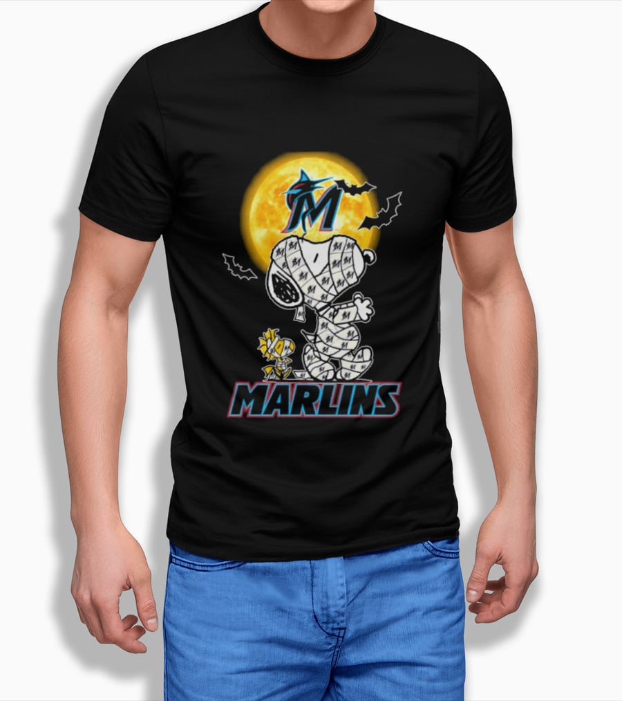 Miami Marlins Snoopy Woodstock Mummy Halloween Moon T-Shirt