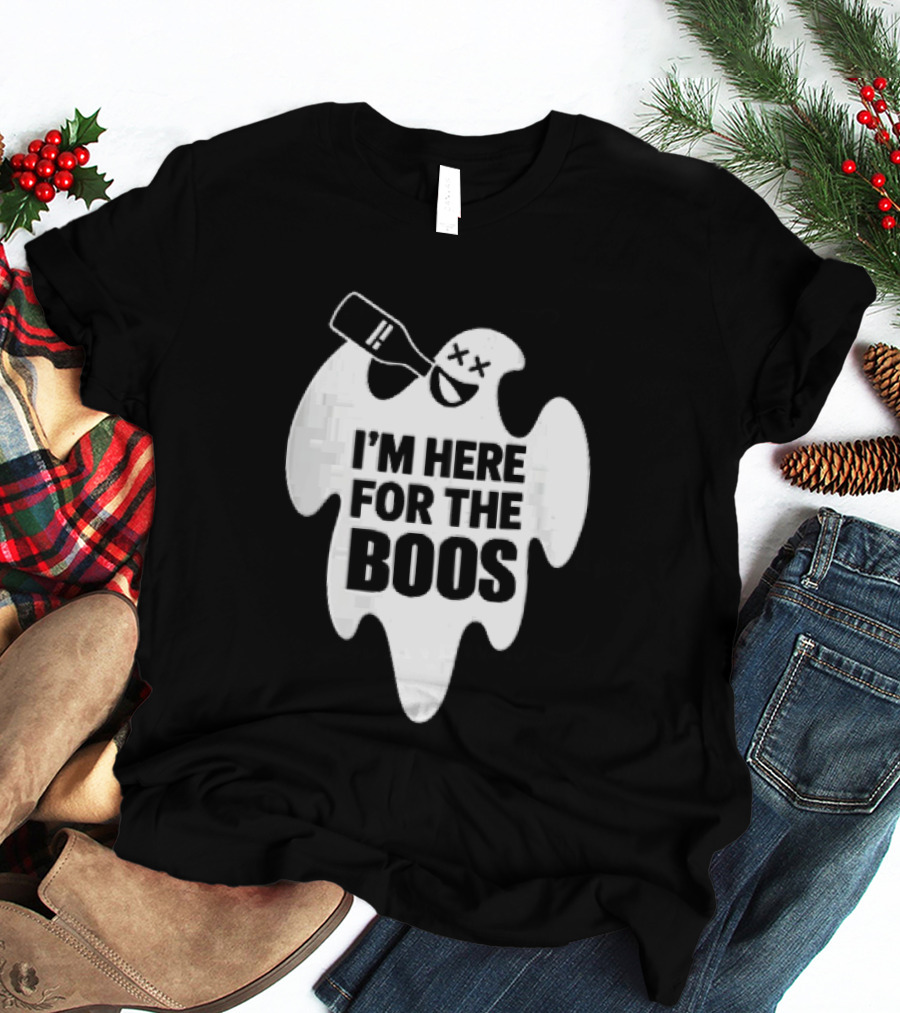 I'm Here For The Boos Cartoon Ghost Drinking Alcohol Bottle T-Shirt