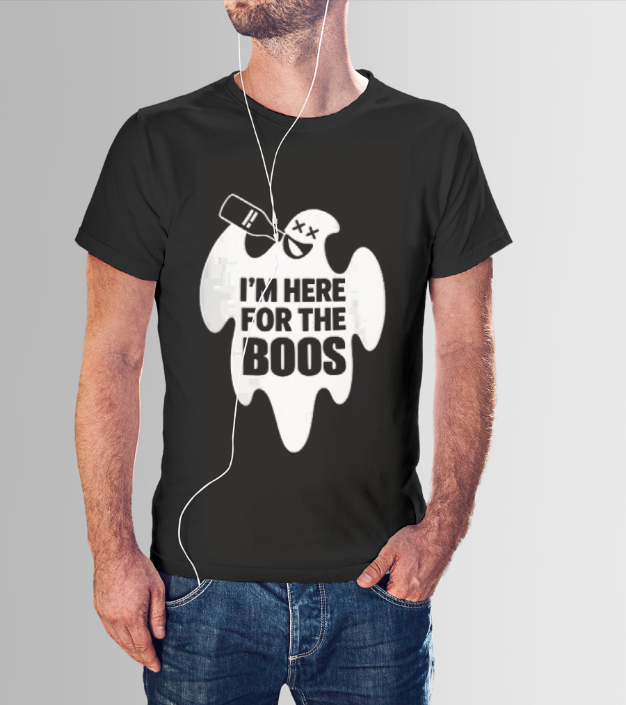 I'm Here For The Boos Cartoon Ghost Drinking Alcohol Bottle T-Shirt