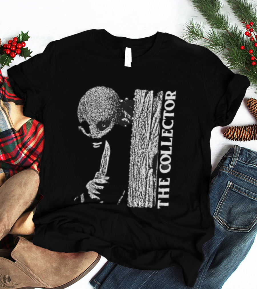 The Collector Masked Figure Knife Wooden Door Peeking Halftone T-Shirt