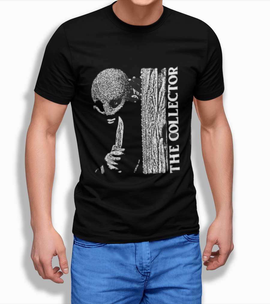 The Collector Masked Figure Knife Wooden Door Peeking Halftone T-Shirt