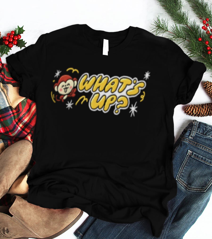 What's Up Cartoon Monkey Waving White Sparkles Squiggles T-Shirt