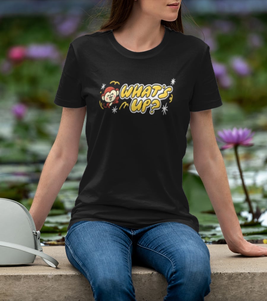 What's Up Cartoon Monkey Waving White Sparkles Squiggles T-Shirt
