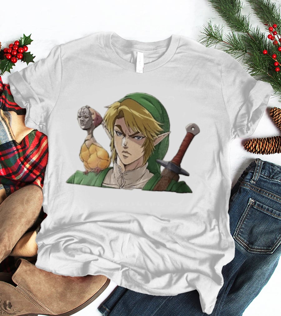 Anime Blonde Elf Knight In Green Tunic With Sword And Strange Bird Companion T-Shirt