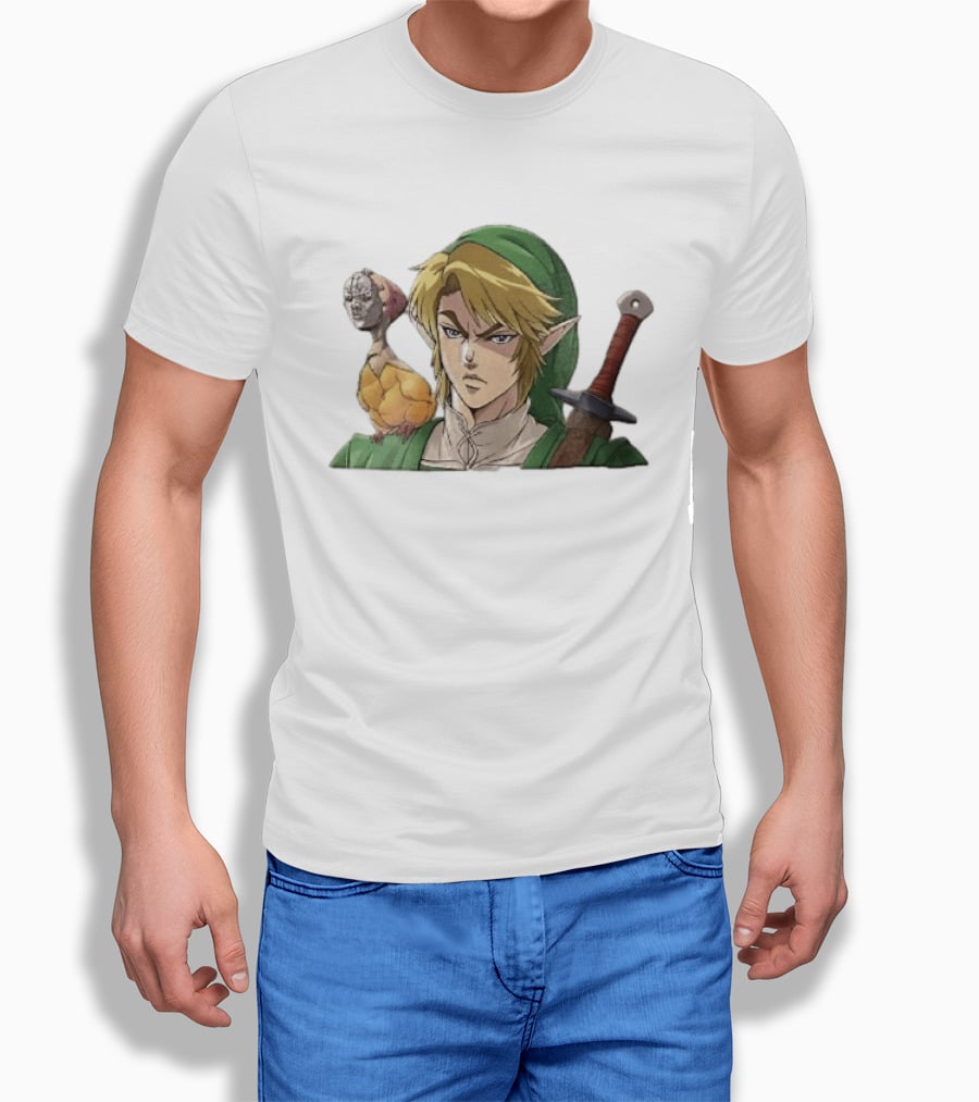 Anime Blonde Elf Knight In Green Tunic With Sword And Strange Bird Companion T-Shirt