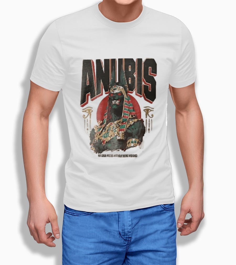 Anubis Jackal Headed Egyptian God Distressed No Soul Passes Without Being Weighed Sun T-Shirt