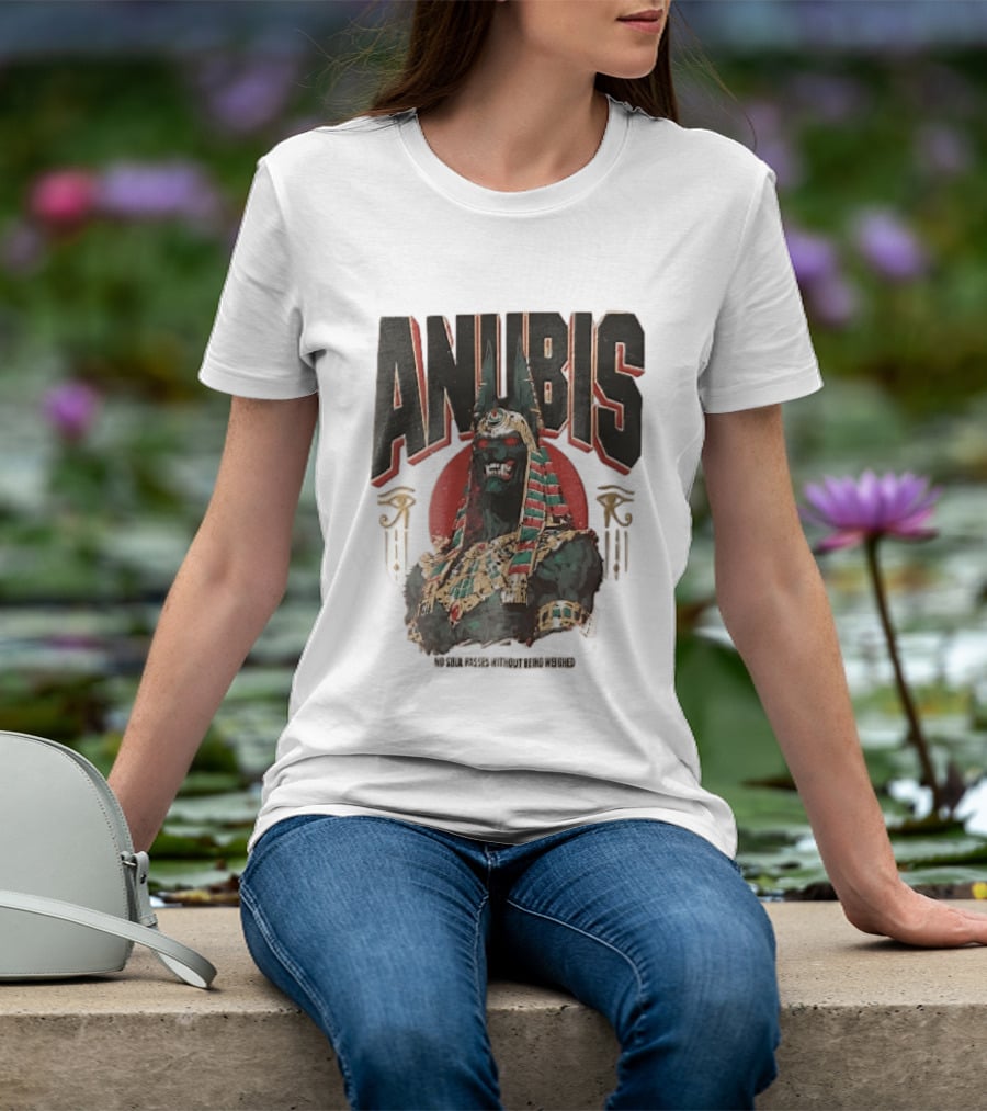 Anubis Jackal Headed Egyptian God Distressed No Soul Passes Without Being Weighed Sun T-Shirt