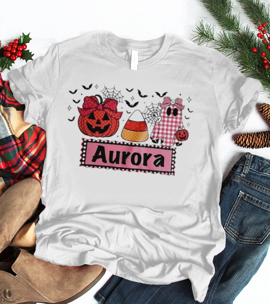 Aurora Halloween Pumpkin Ghost Candy Corn And Spiderwebs T-Shirt