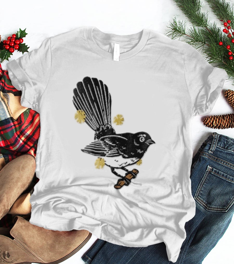 Black White Linocut Fantail Bird Branch Yellow Flowers T-Shirt
